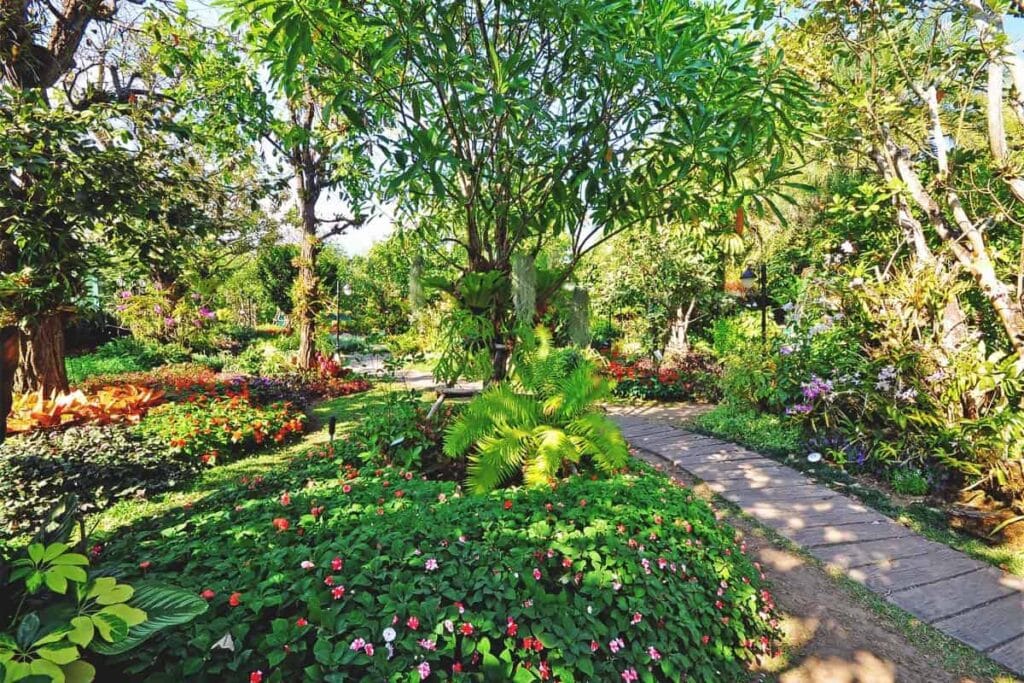 a stone walkway surrounded with colorful flowers, herbs and trees