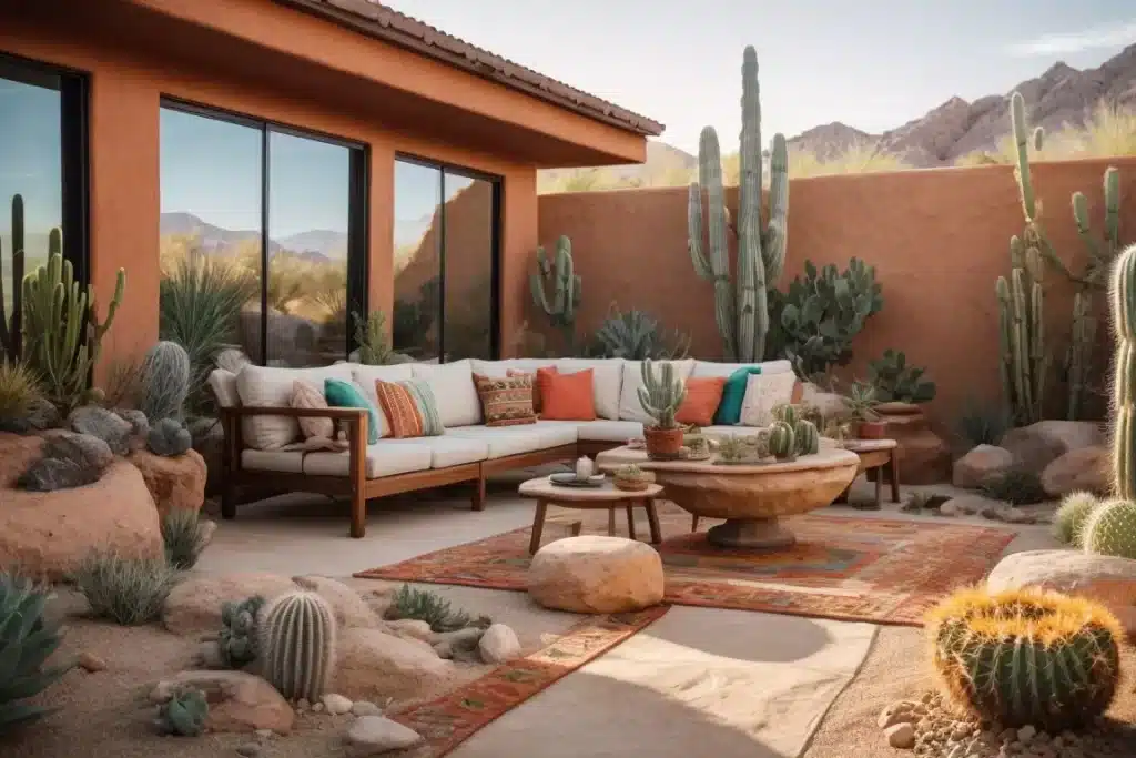 Desert Themed garden with cactus. stones, rocks, rustic sofa set in the outdoor.