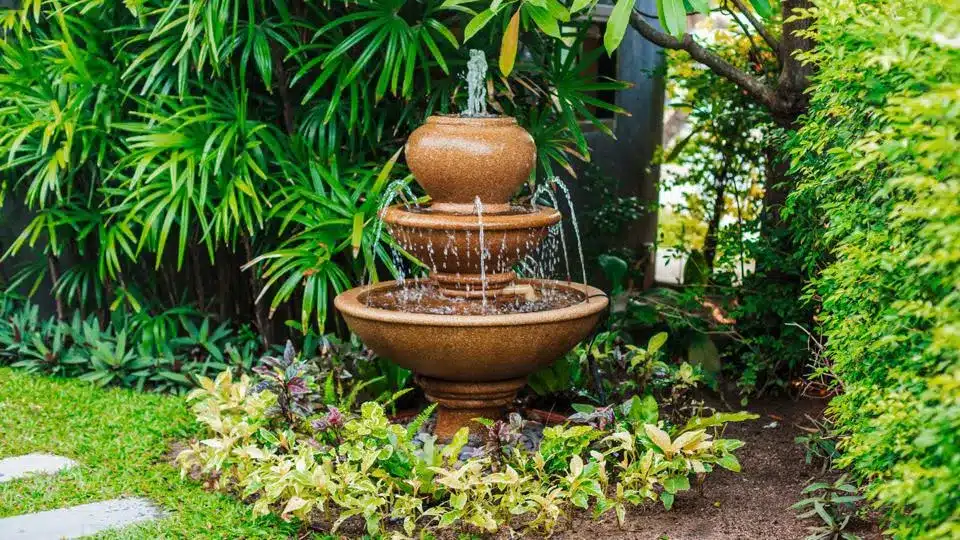 water fountain in a garden surrounded with greenery