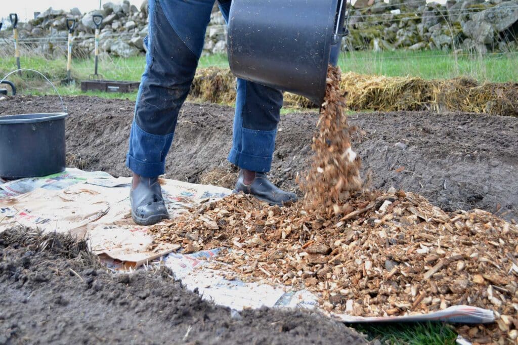 A person spreading Gardening Wood Chips using a bucket