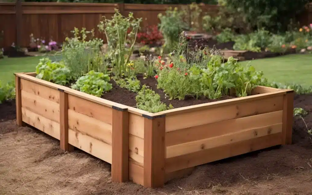 Raised Garden Bed with colorful plants in a garden
