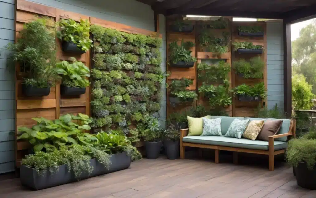 Vertical plant wall with a sofa