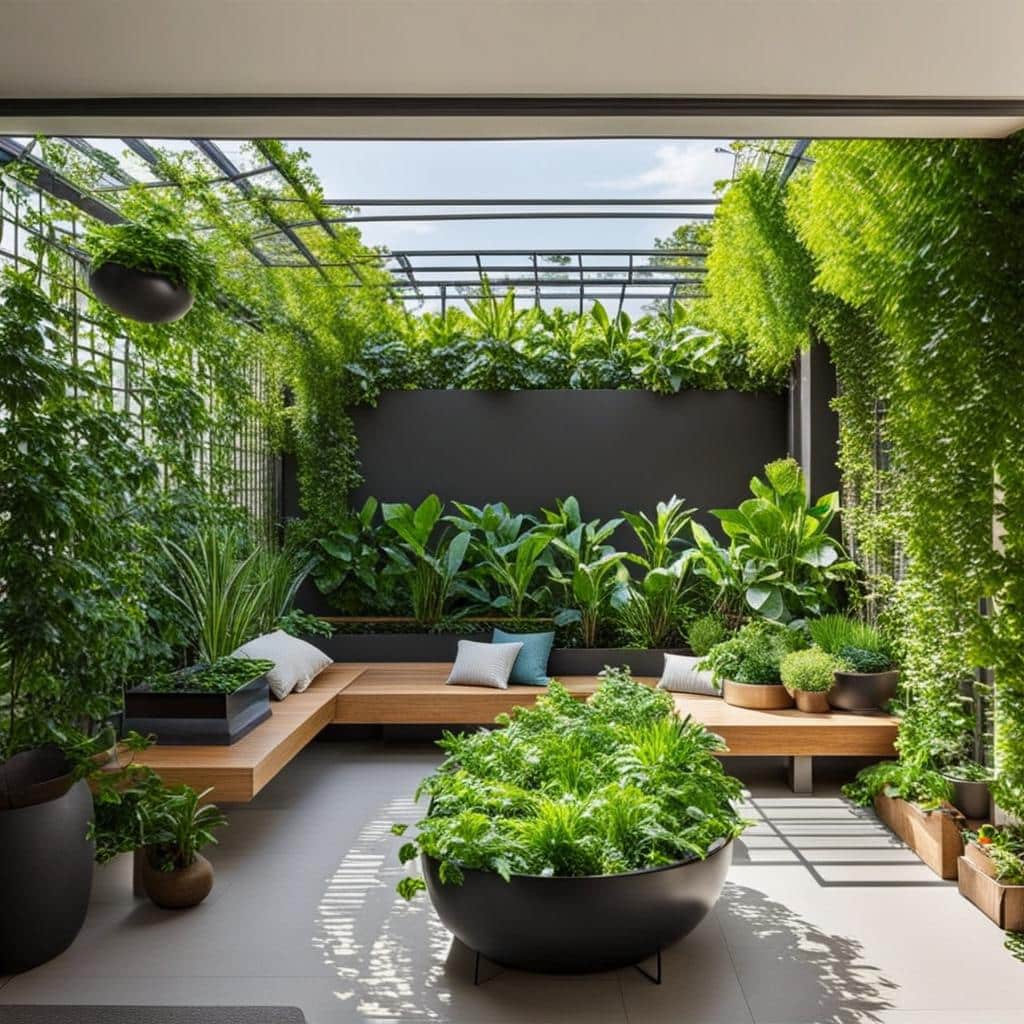 a garden terrace aith a variety of green plants