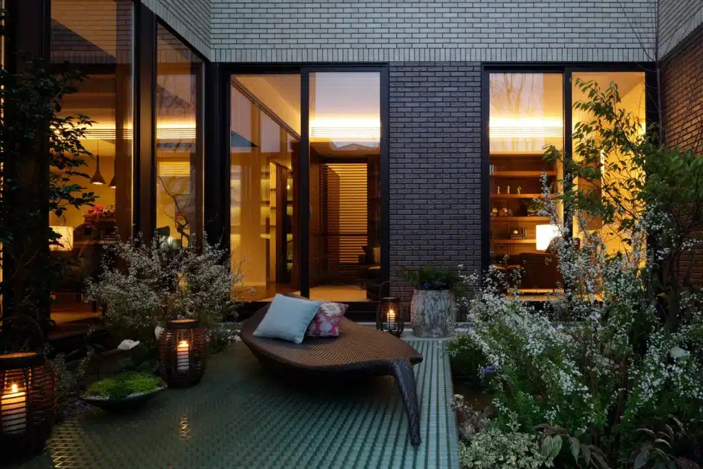 a living room extended into a terrace garden