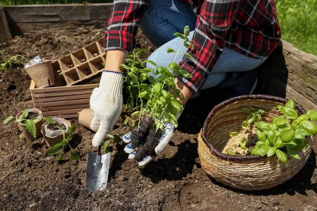 a person planting various companion plants in the soil