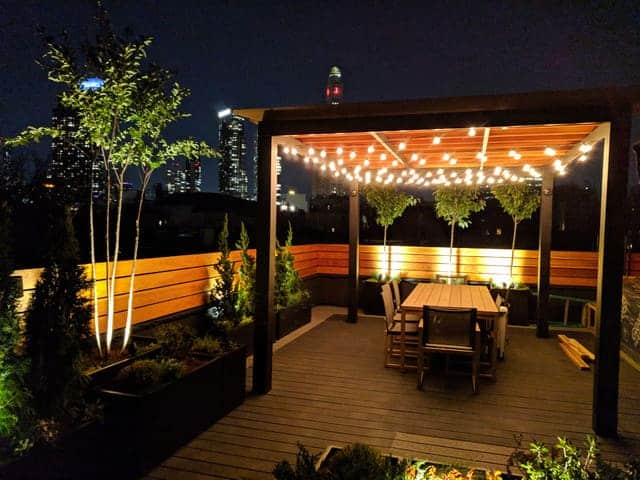 lightning arrangement on a terrace garden night time view