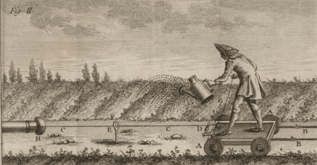 A brown image in history with a man watering the crops for electro gardening