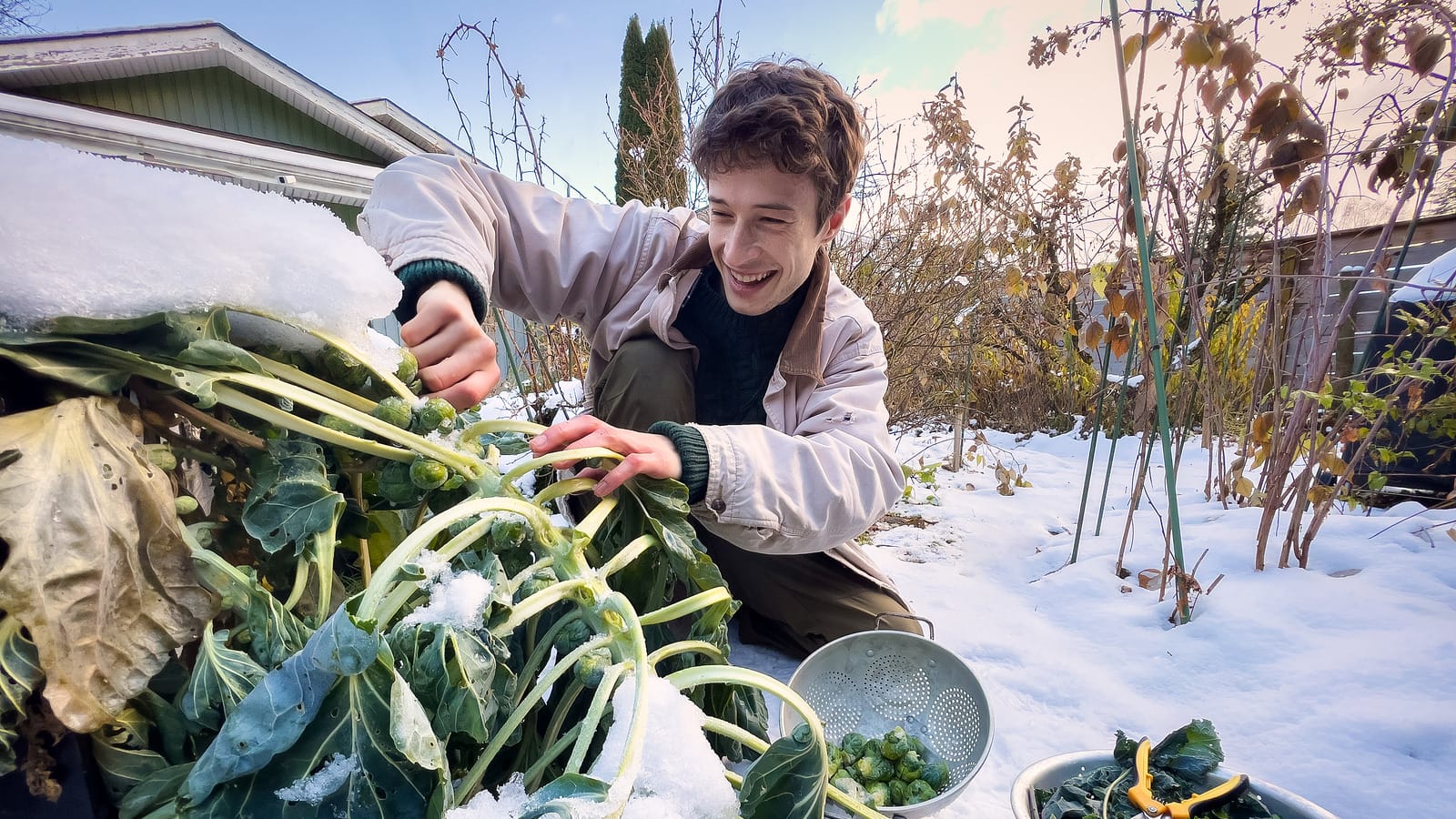 A person holding a plant pot wearing winter clothes