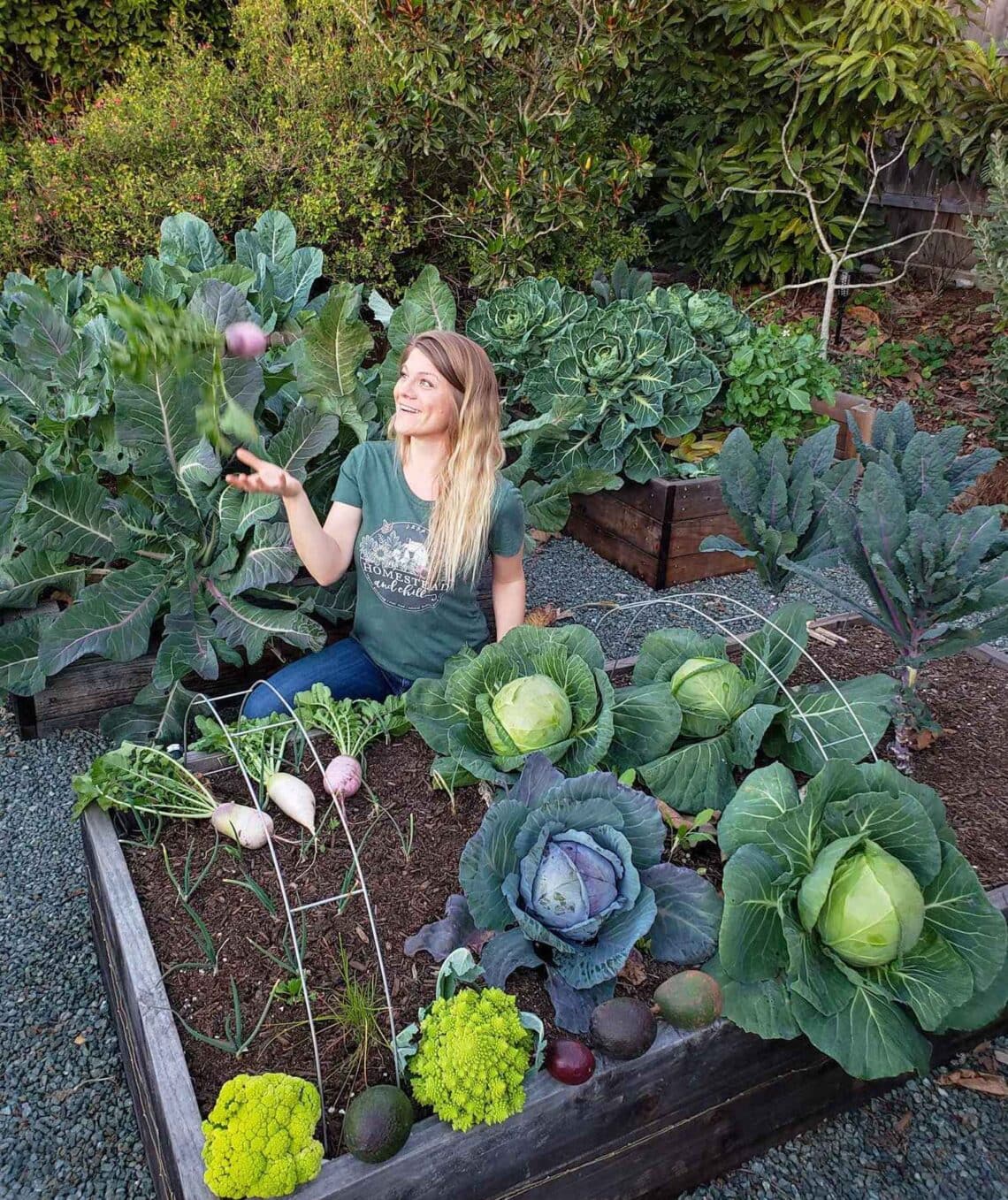 A view of a lady planting veggies in a garden