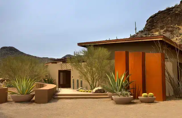 A view of garden in a desert with brown color palette highlighted outdoors