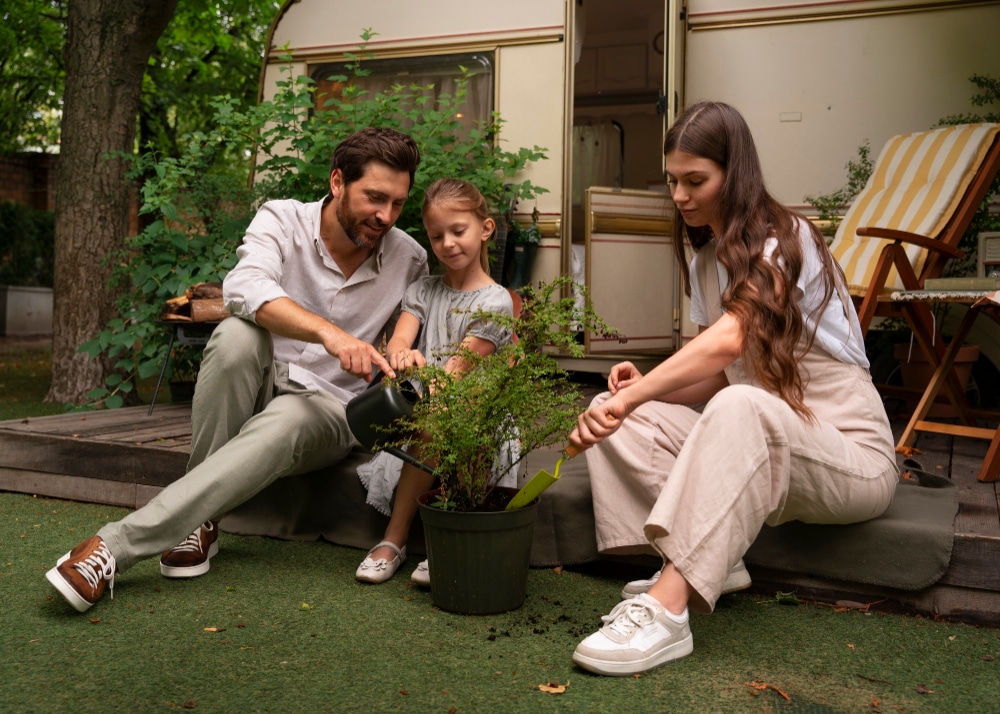 A view of a family sitting inside an apartment garden