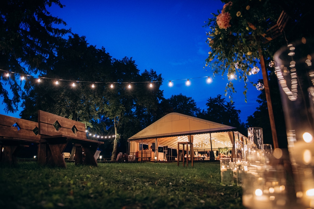 A view of a garden decorated with lighting