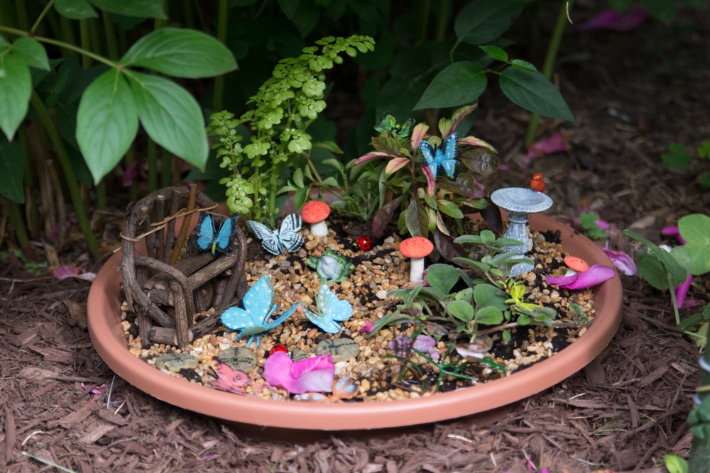 A view of toadstools and furniture inside a fairy garden